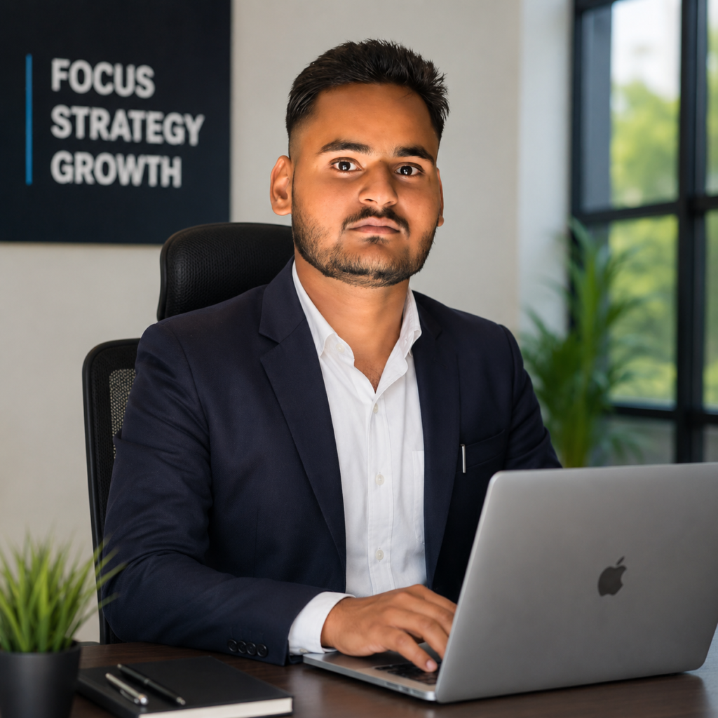 Shivam Patel working on a laptop in a modern office, professional digital marketer specializing in SEO, content writing, Meta Ads, and online business growth strategies